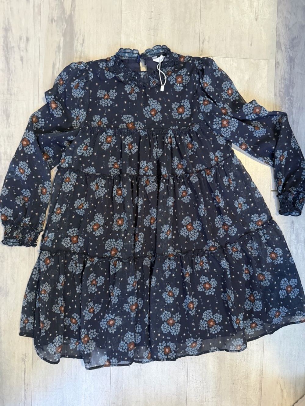 Mayoral Girls Navy Floral Tiered Long-Sleeve Dress with Rust Accents